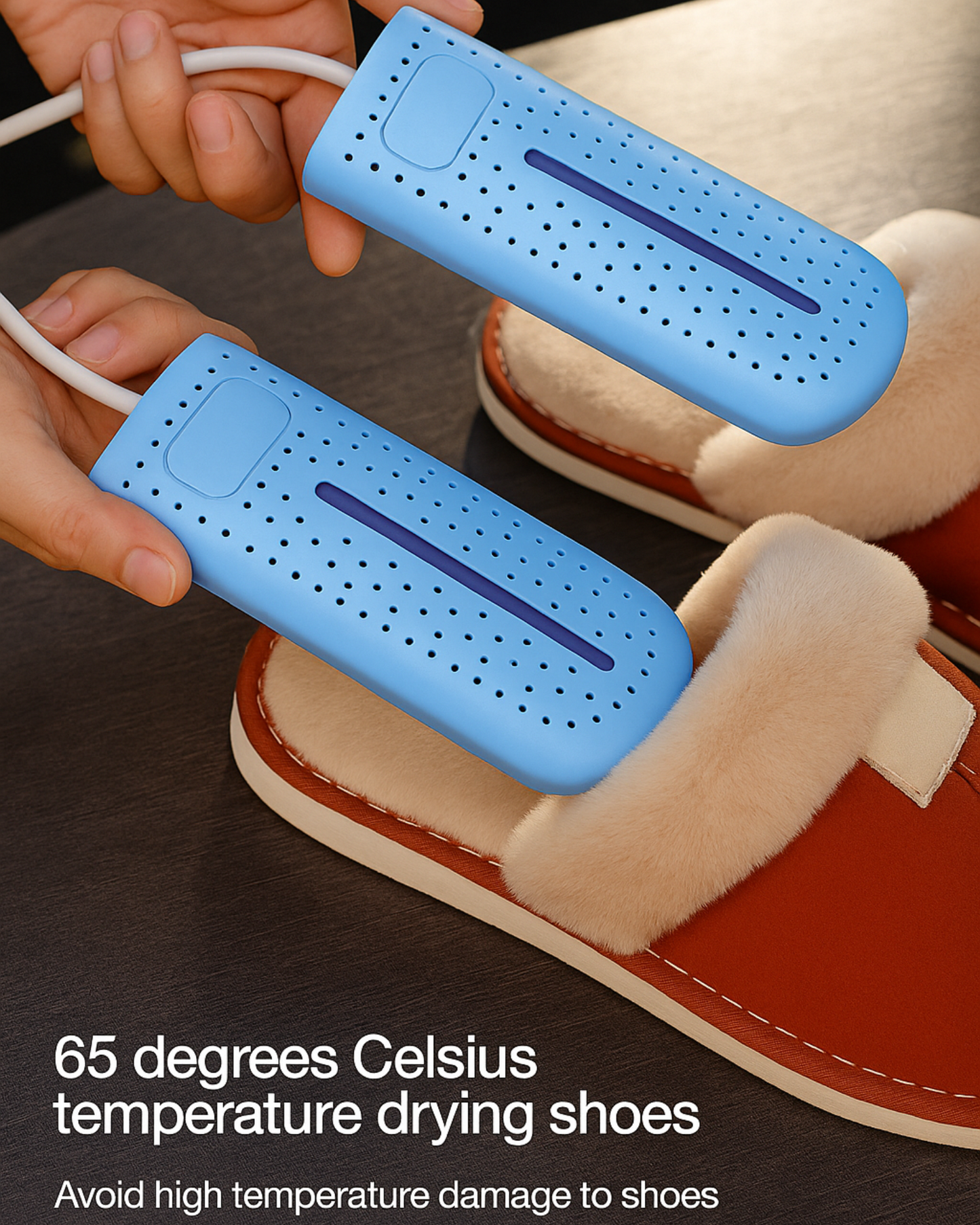 Blue shoe dryer being used on a brown shoe with text about temperature and damage prevention.