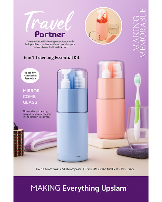 Travel essential kit with mirror, comb, glass, and toiletries on a purple background