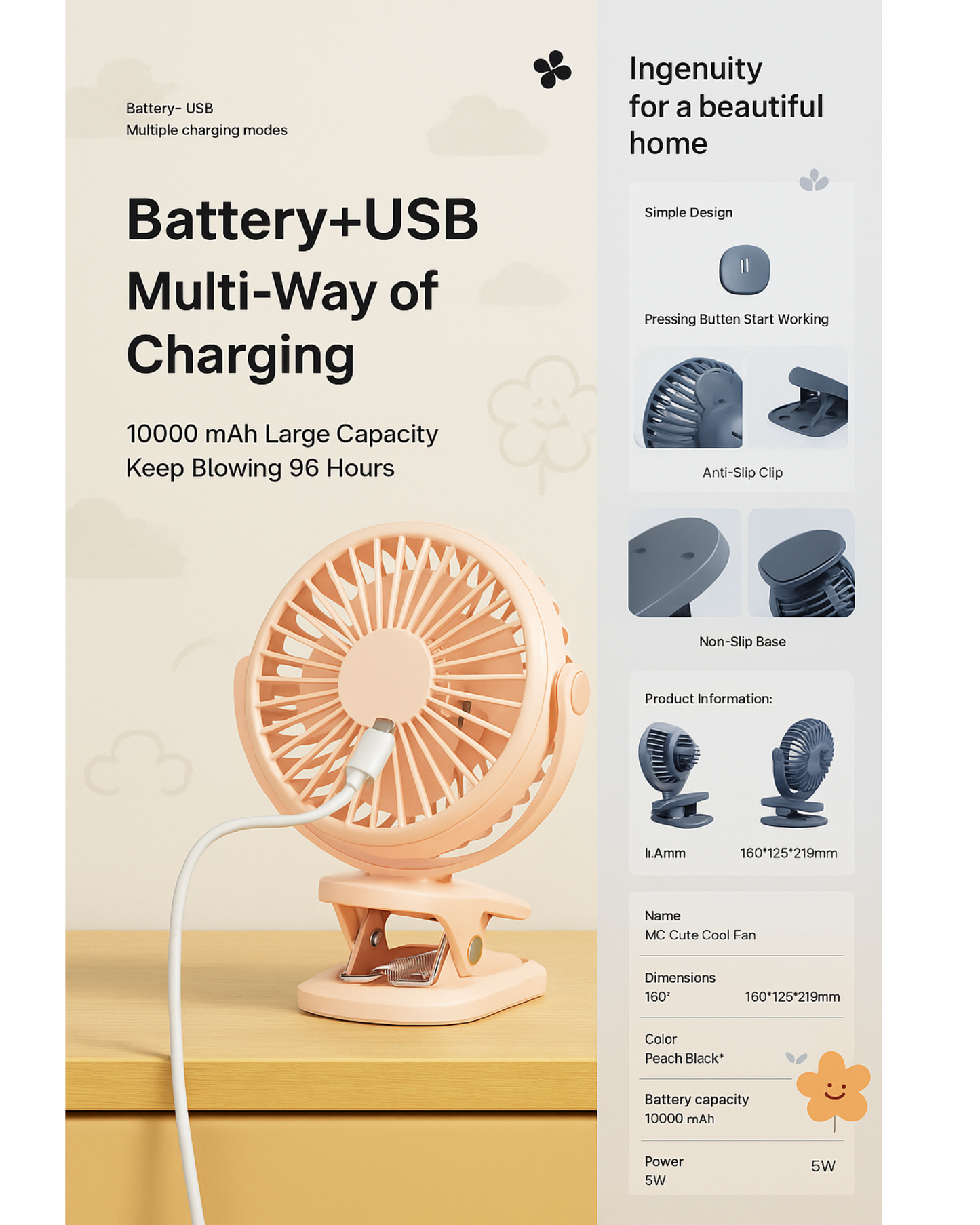 Super Airflow, Silent USB Portable Desktop Fan
