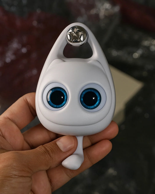 White robot-like device with blue eyes held in a hand against a blurred background
