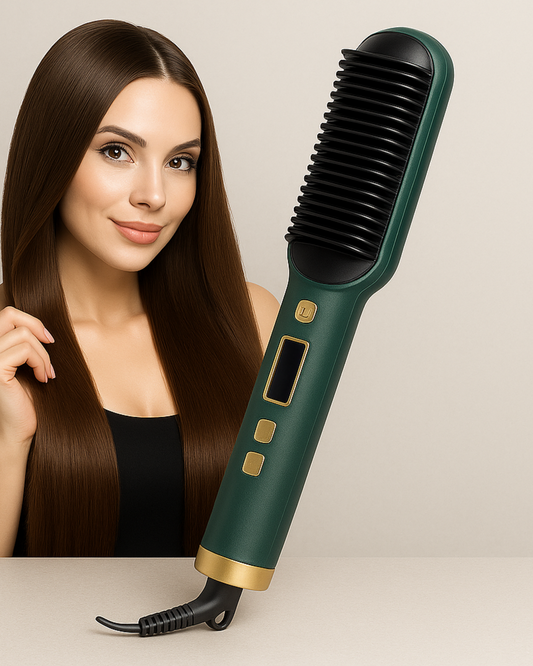 Woman with long hair next to a green hair styling tool on a neutral background