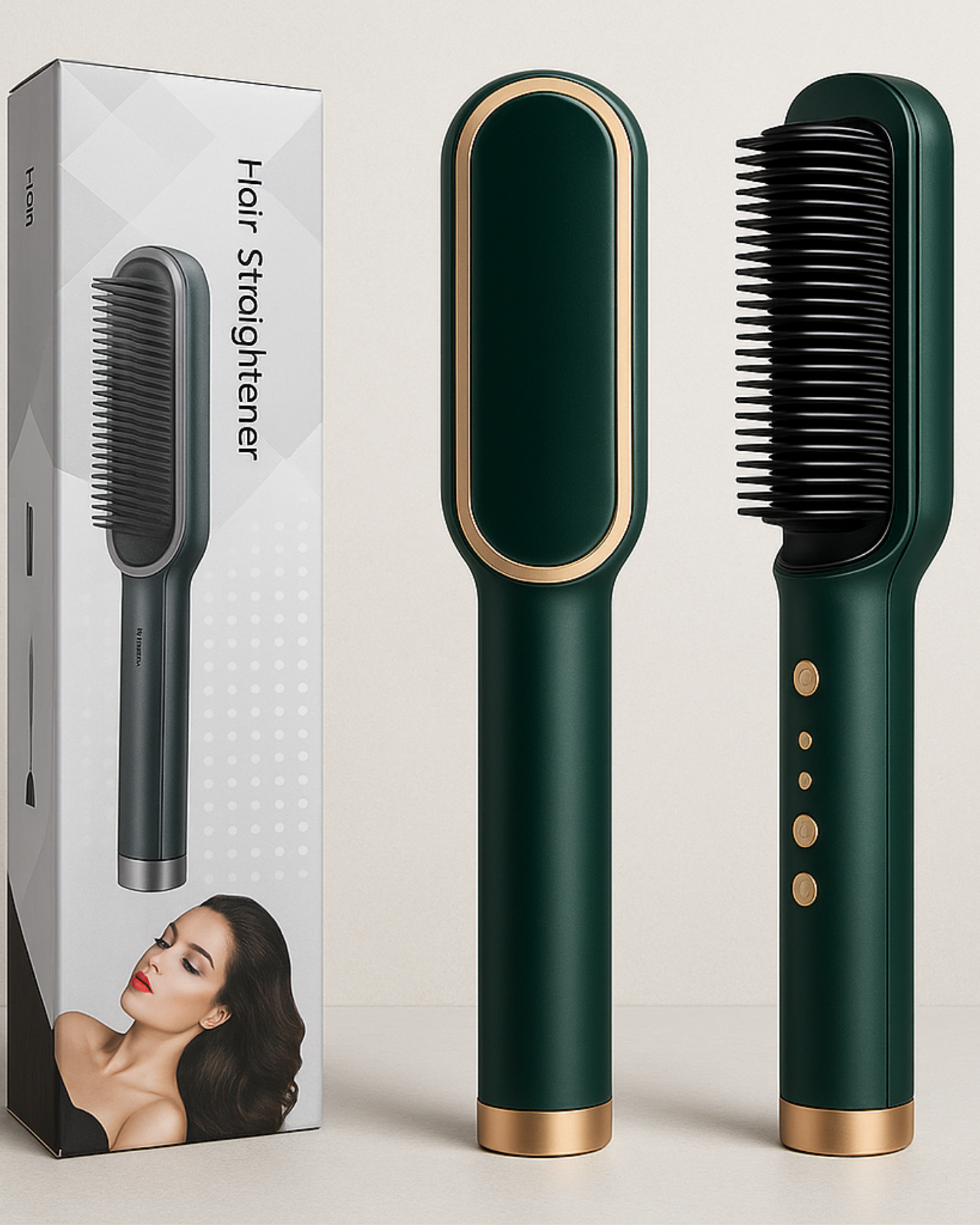 Green hair straightener with packaging on a neutral background