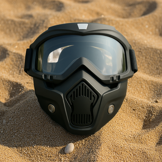 A black goggle mask with anti-scratch UV protection, featuring a windproof face shield and an adjustable strap, designed for outdoor sports and riding, on sand.