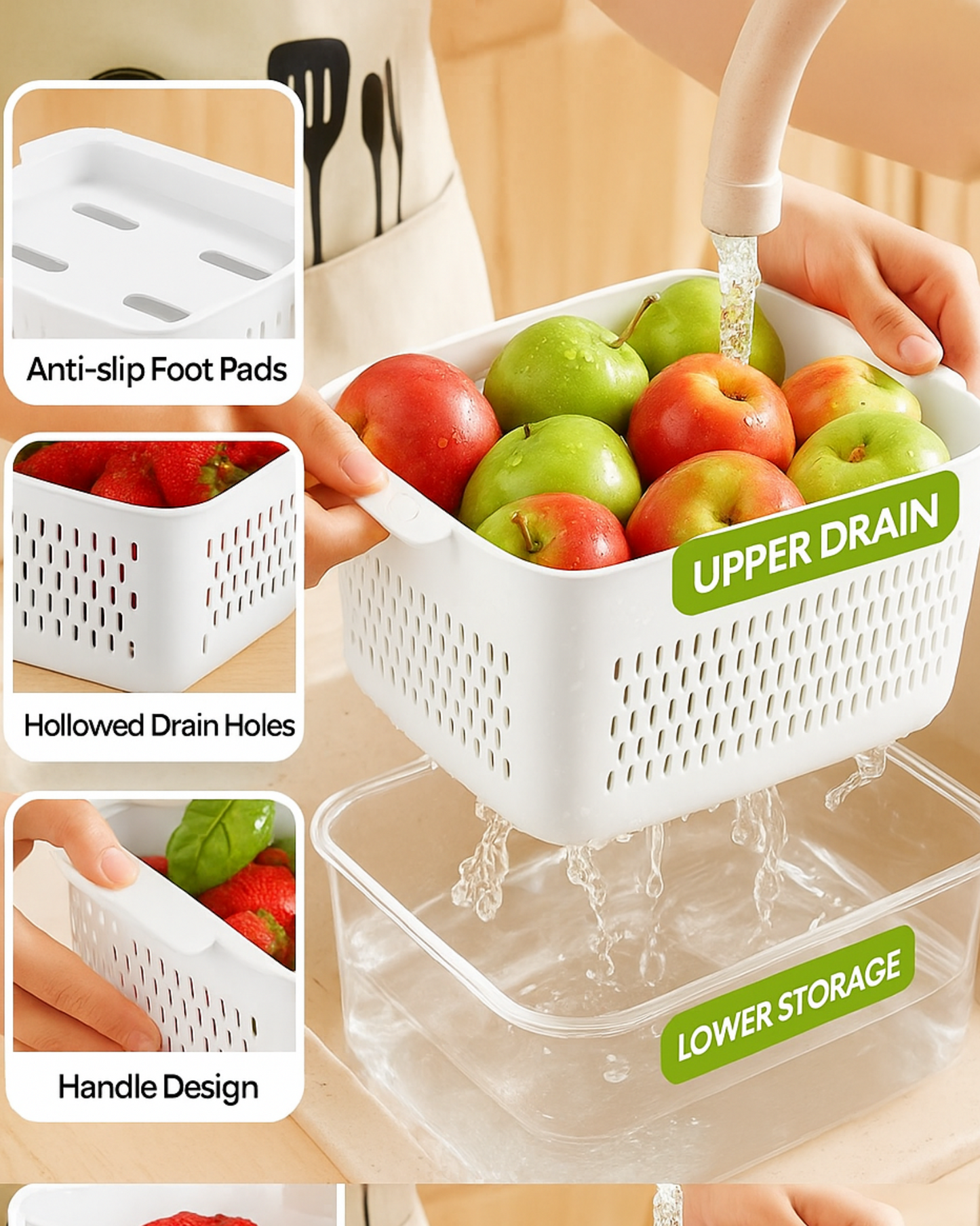 Collage of a fruit washing basket with features highlighted, including anti-slip foot pads, hollowed drain holes, and handle design.