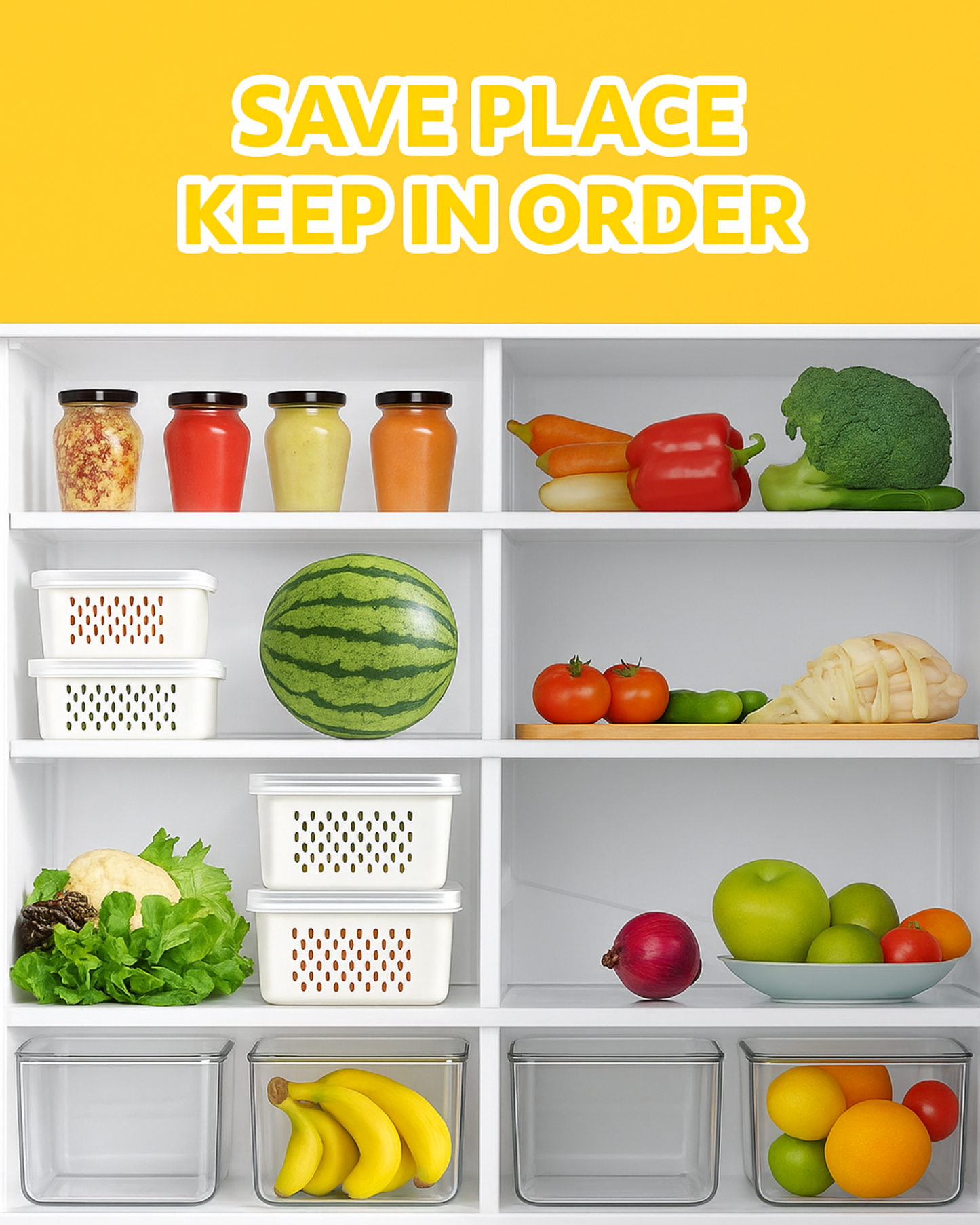 Fridge shelves with organized food items and text 'Save place, keep in order' on a yellow background