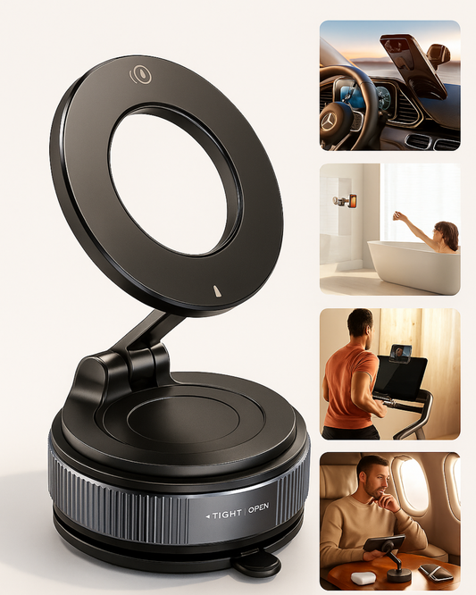 Black phone holder with multiple usage scenarios on a white background