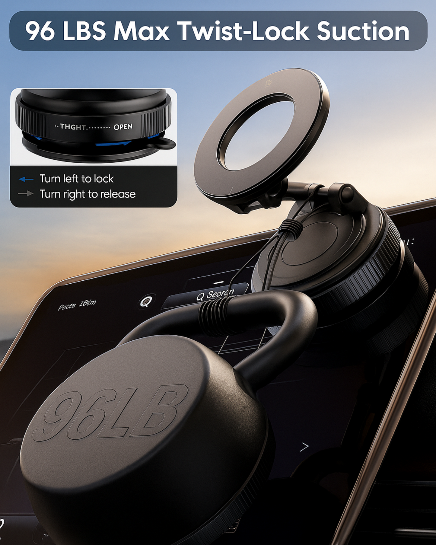 Car phone mount with '96LBS Max Twist-Lock Suction' feature on a car dashboard.