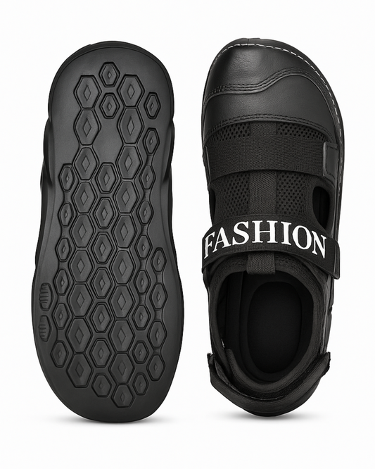Black sandal with 'FASHION' text on a white background