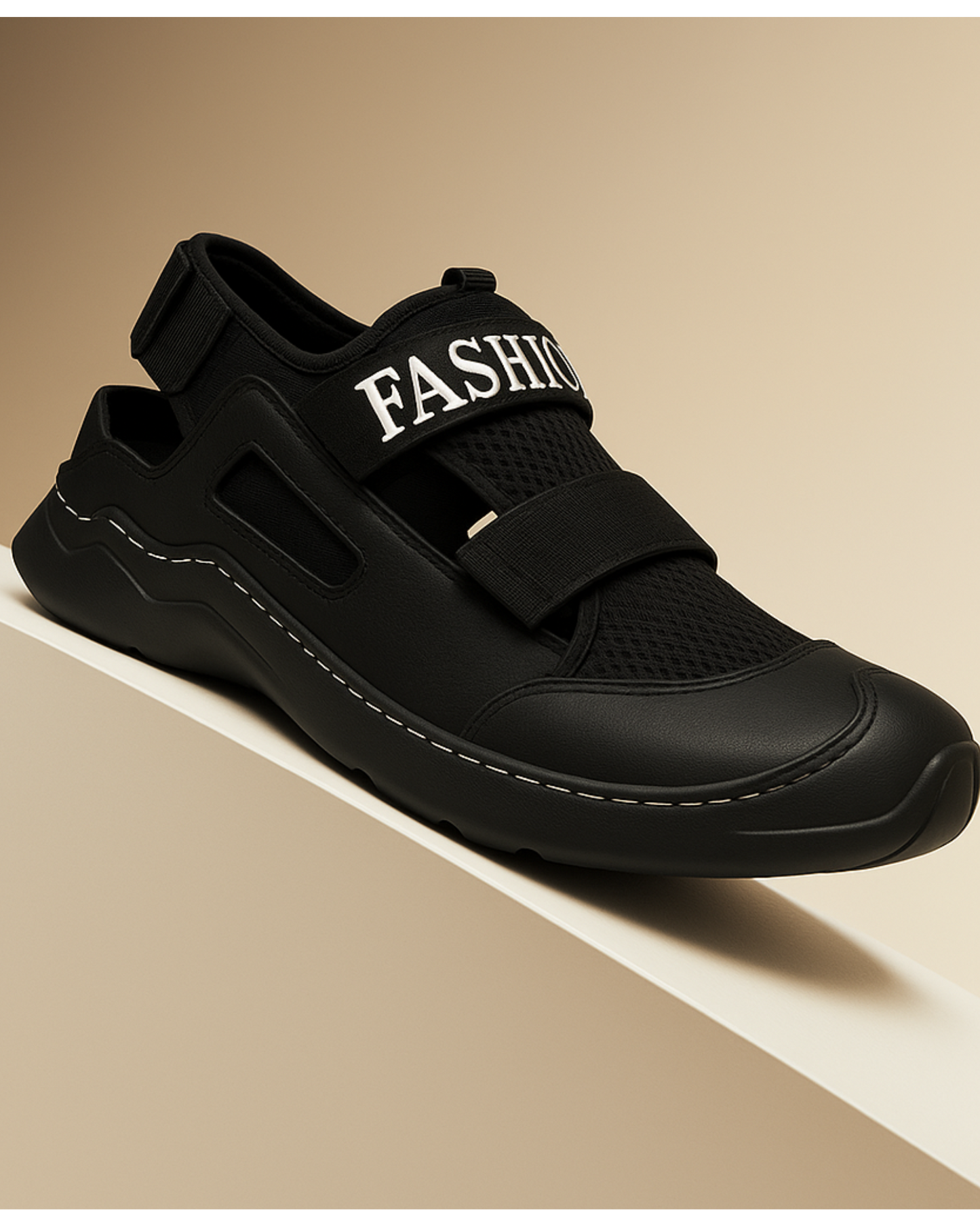 Black sneaker with 'FASHION' text on a beige background