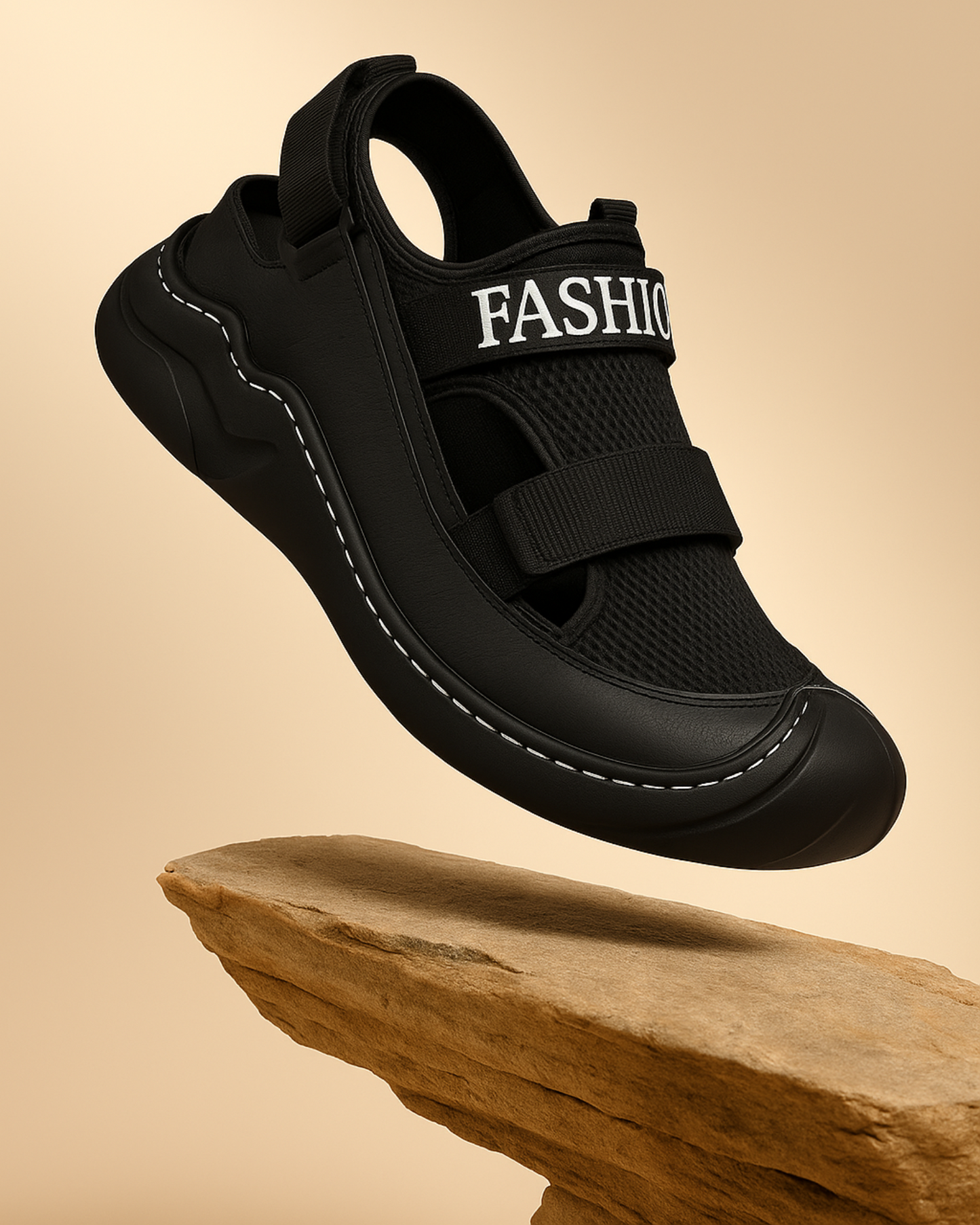 Black sandal with 'FASHION' text on a beige background