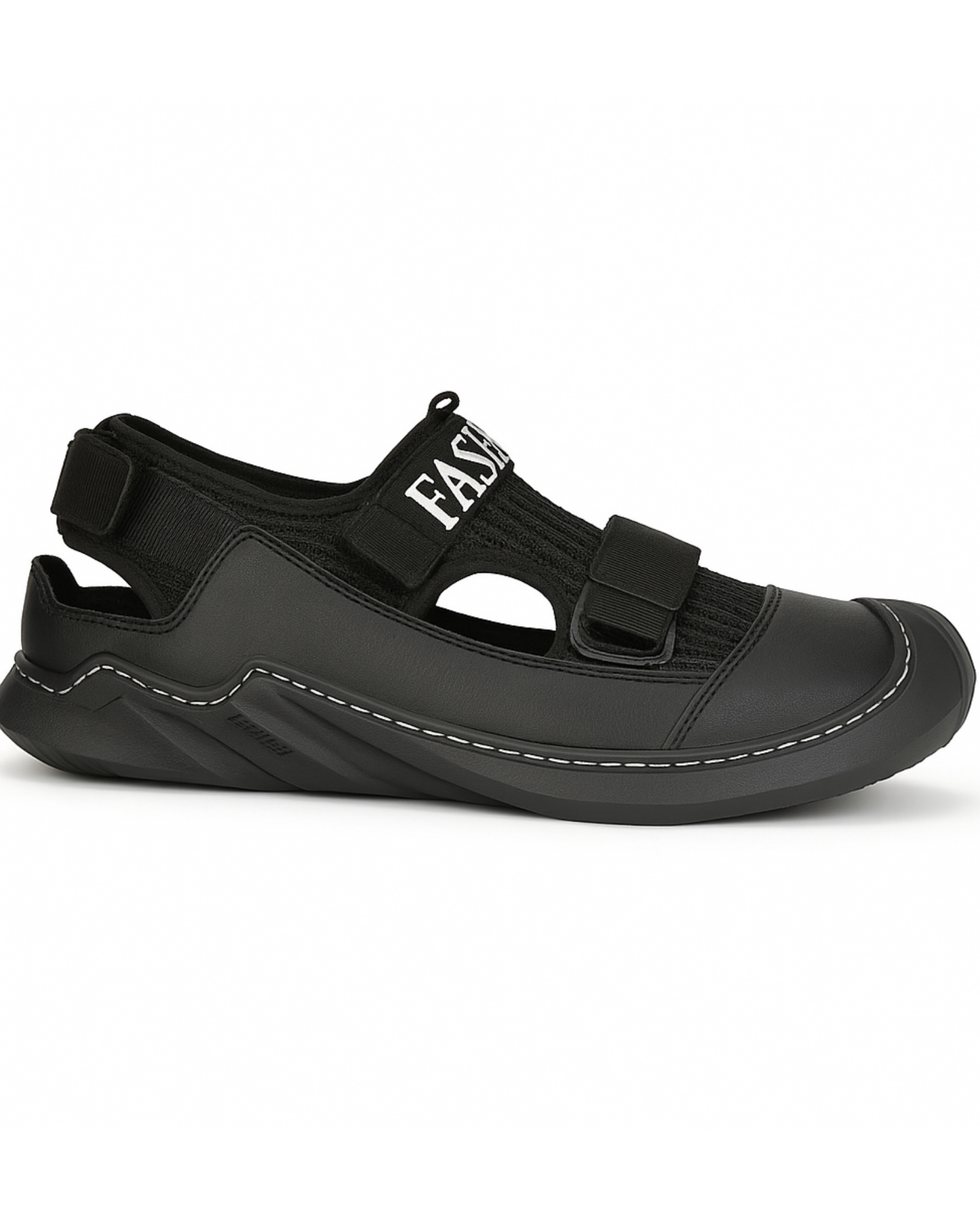 Black sandal with velcro straps on a white background