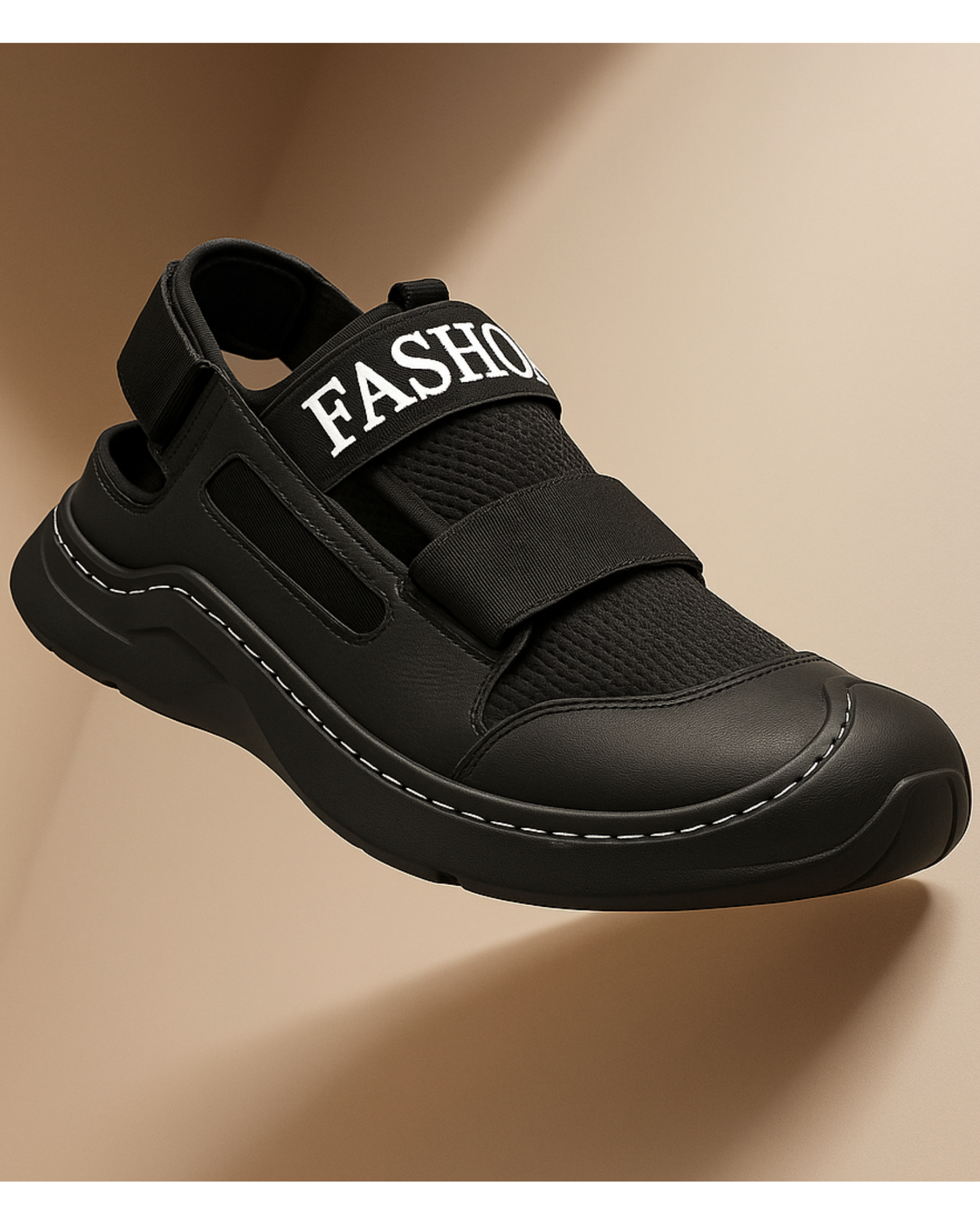 Black fashion sneaker with 'FASHION' text on a beige background