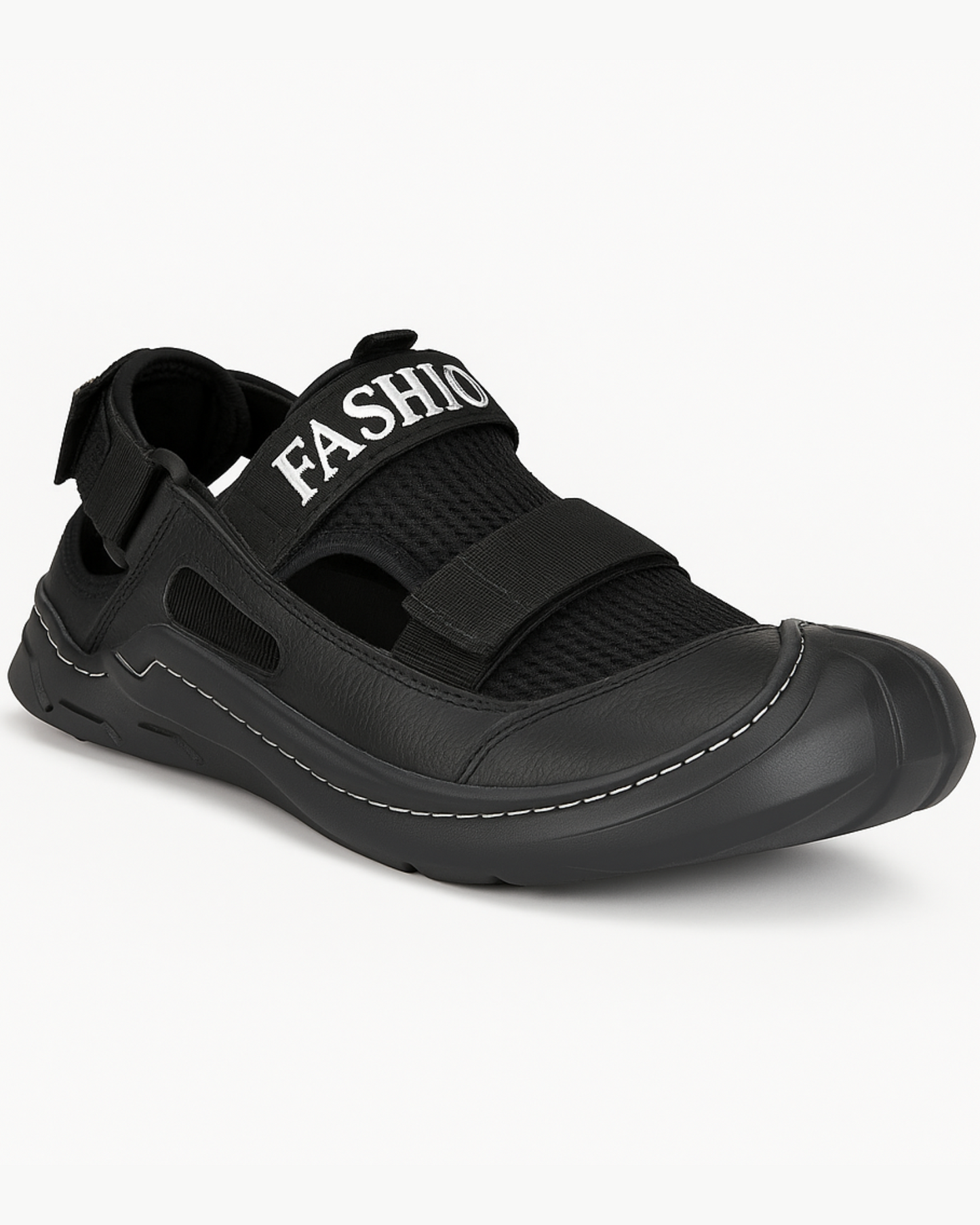 Black sandal with 'FASHION' strap on a white background