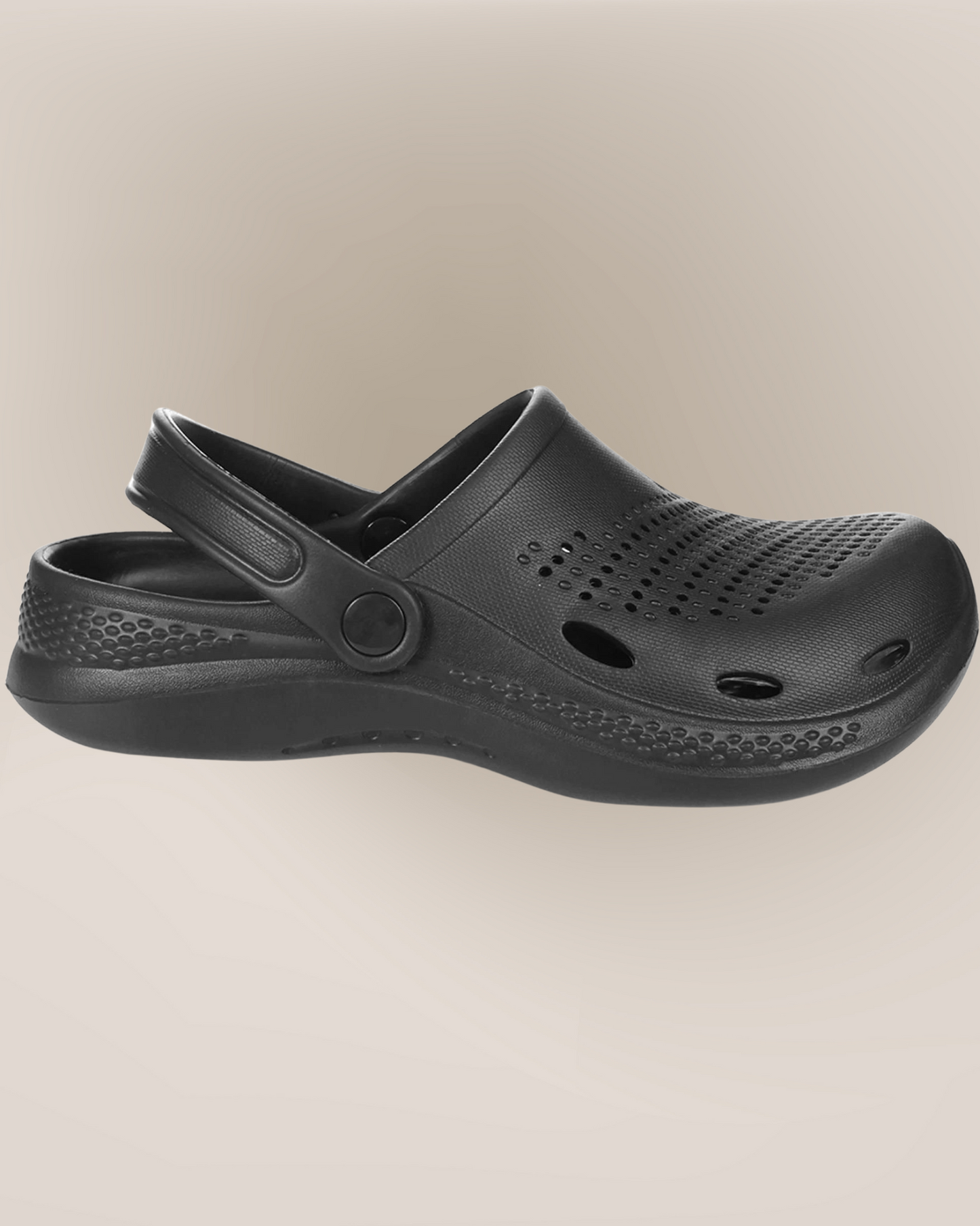 Black clog shoe on a beige background
