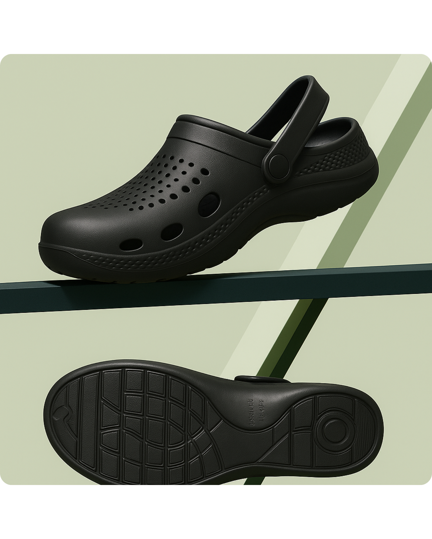Black clog shoe on a light green background