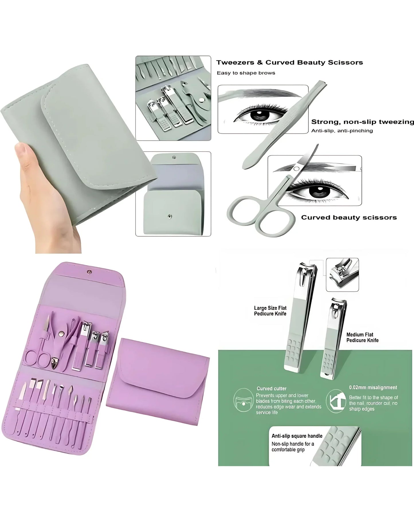 Set of beauty tools including tweezers, scissors, and nail clippers in a purple case on a white background.