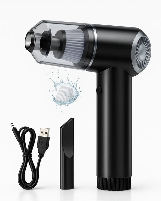 Black handheld vacuum cleaner with attachments and USB cable on a white background