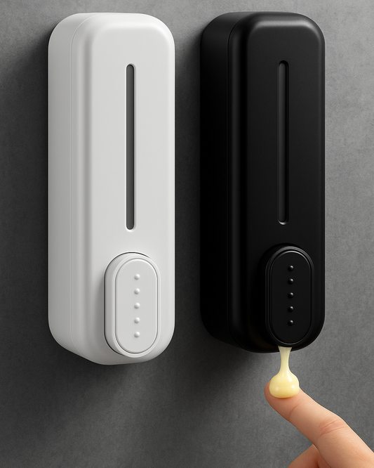White and black wall-mounted soap dispensers with a hand pressing the black one.