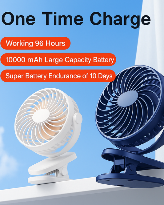 Two clip-on fans with battery capacity and endurance details on a blue background.