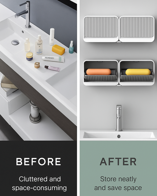 Before and after comparison of a bathroom sink area with cluttered items and organized storage solutions.