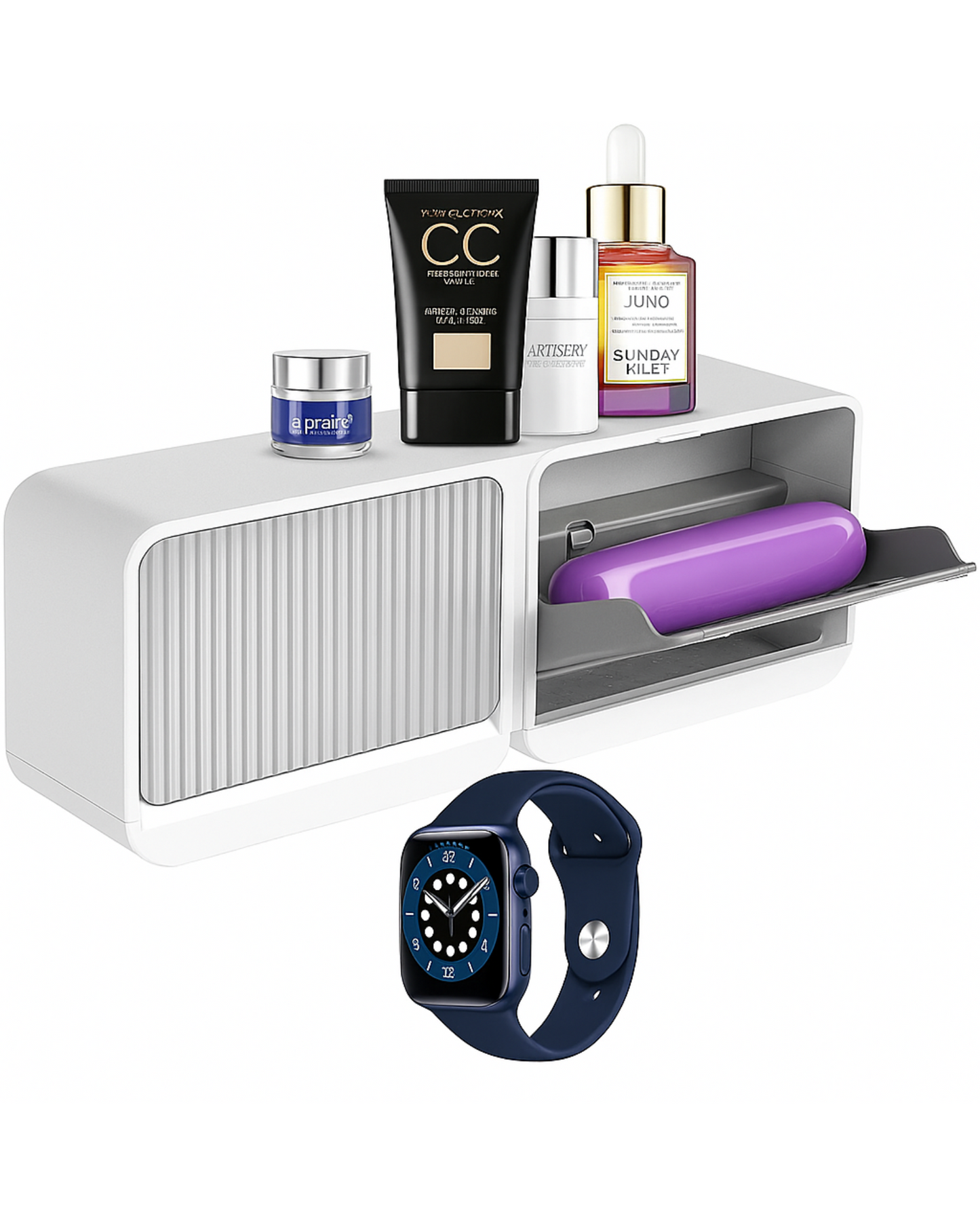 White shelf with skincare products and a smartwatch on a white background