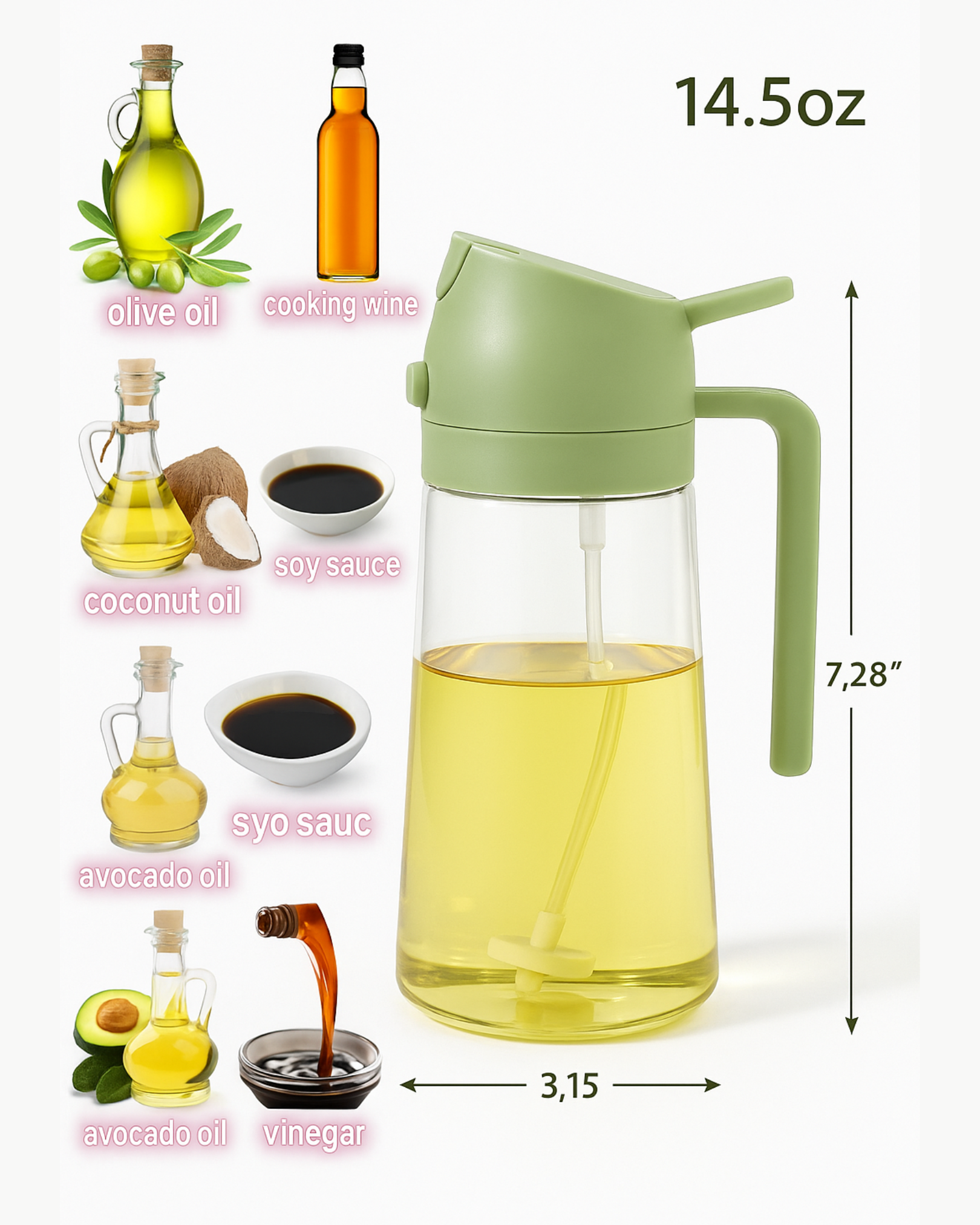 Oil and vinegar dispenser with measurements and oil types.