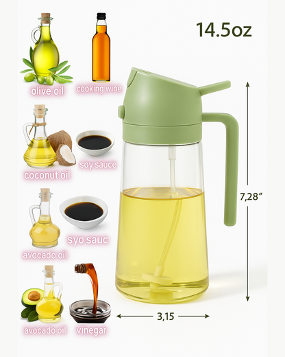 Oil and vinegar dispenser with measurements and oil types.