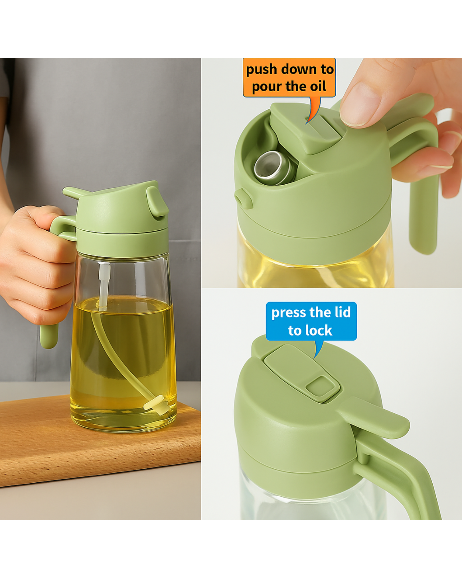Green oil dispenser with handle and pouring mechanism shown.