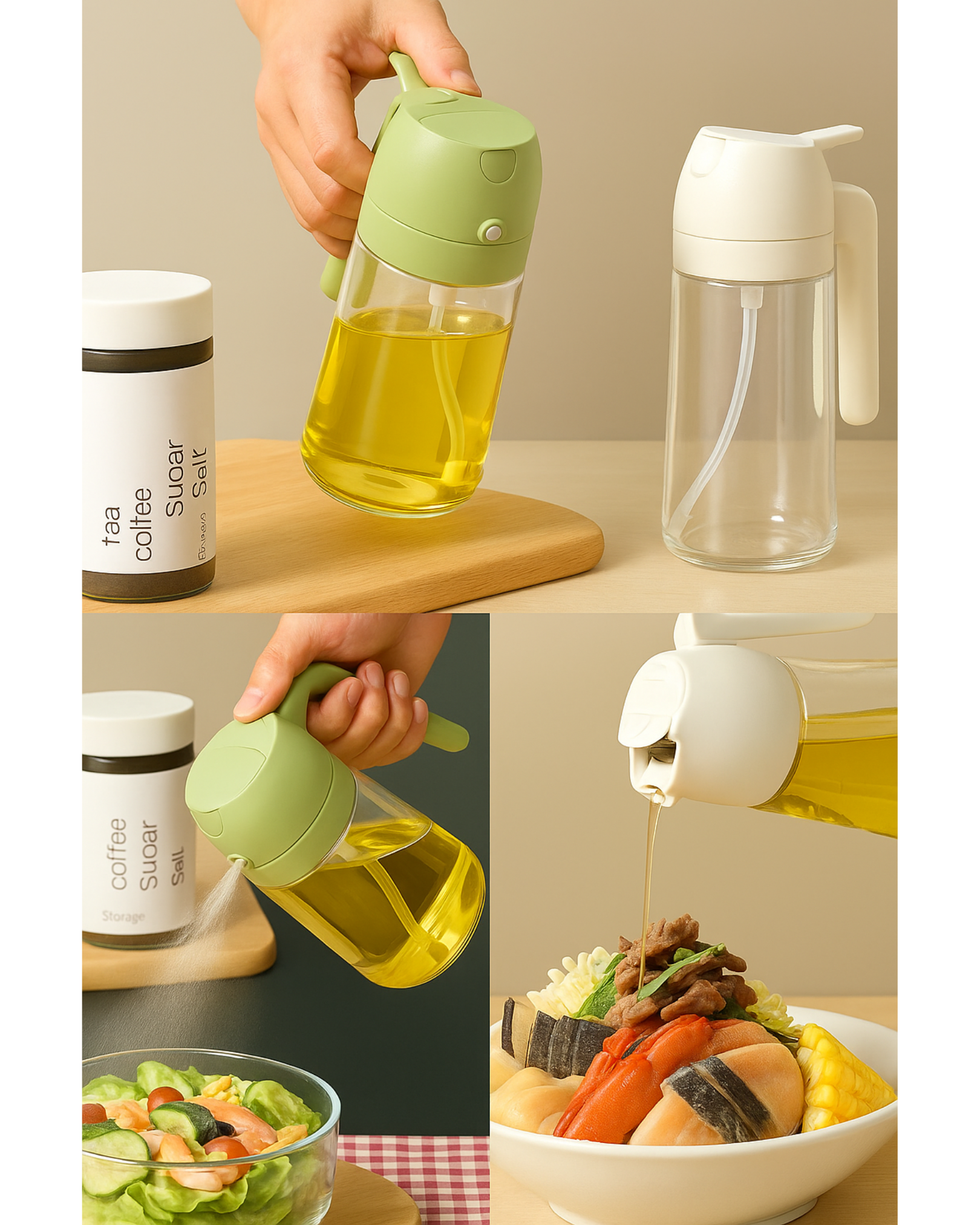 Oil sprayer being used in various kitchen scenarios