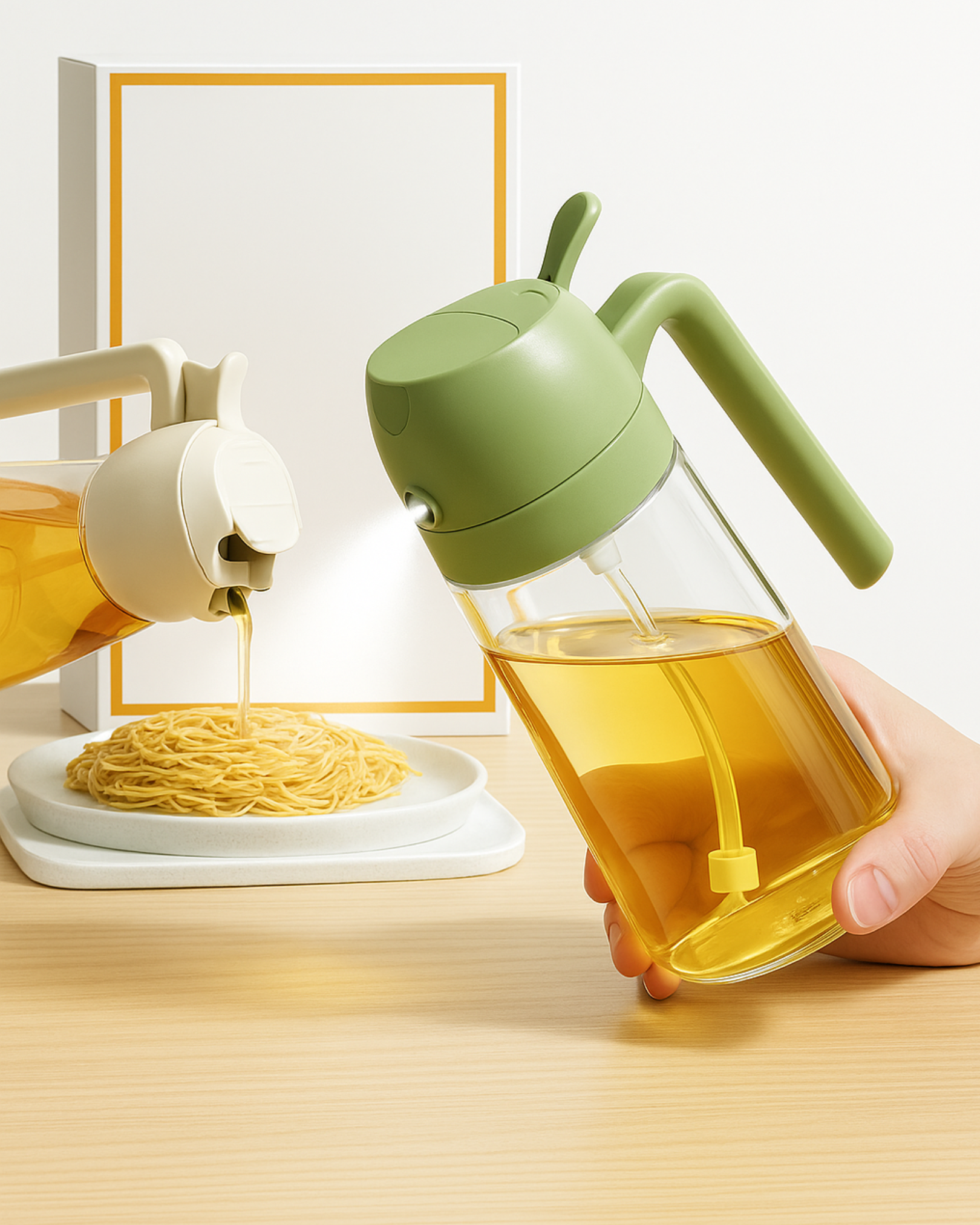 Green bottle with yellow liquid being poured over pasta