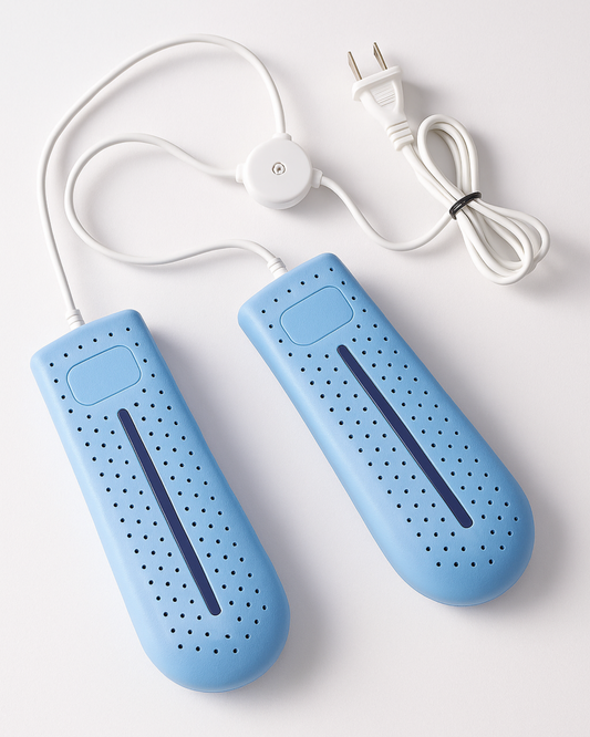 Two blue shoe dryers with perforated design on a white background