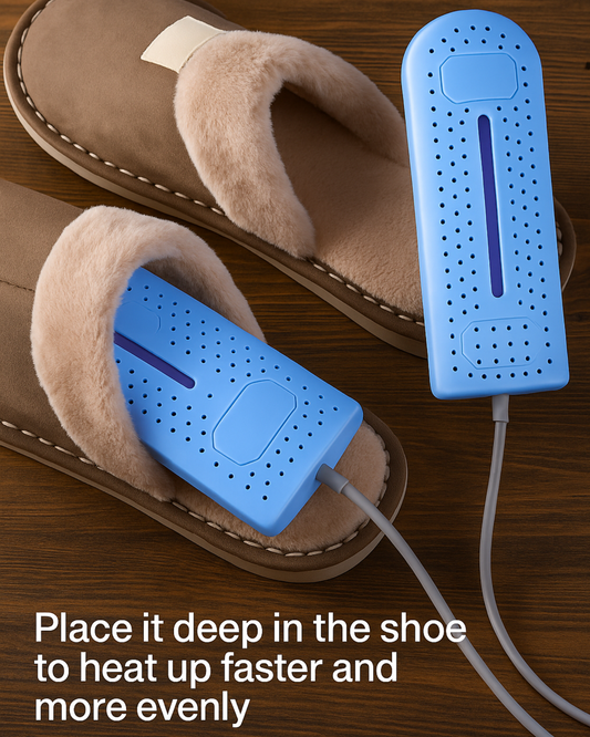 Blue shoe heaters placed inside brown slippers on a wooden surface.