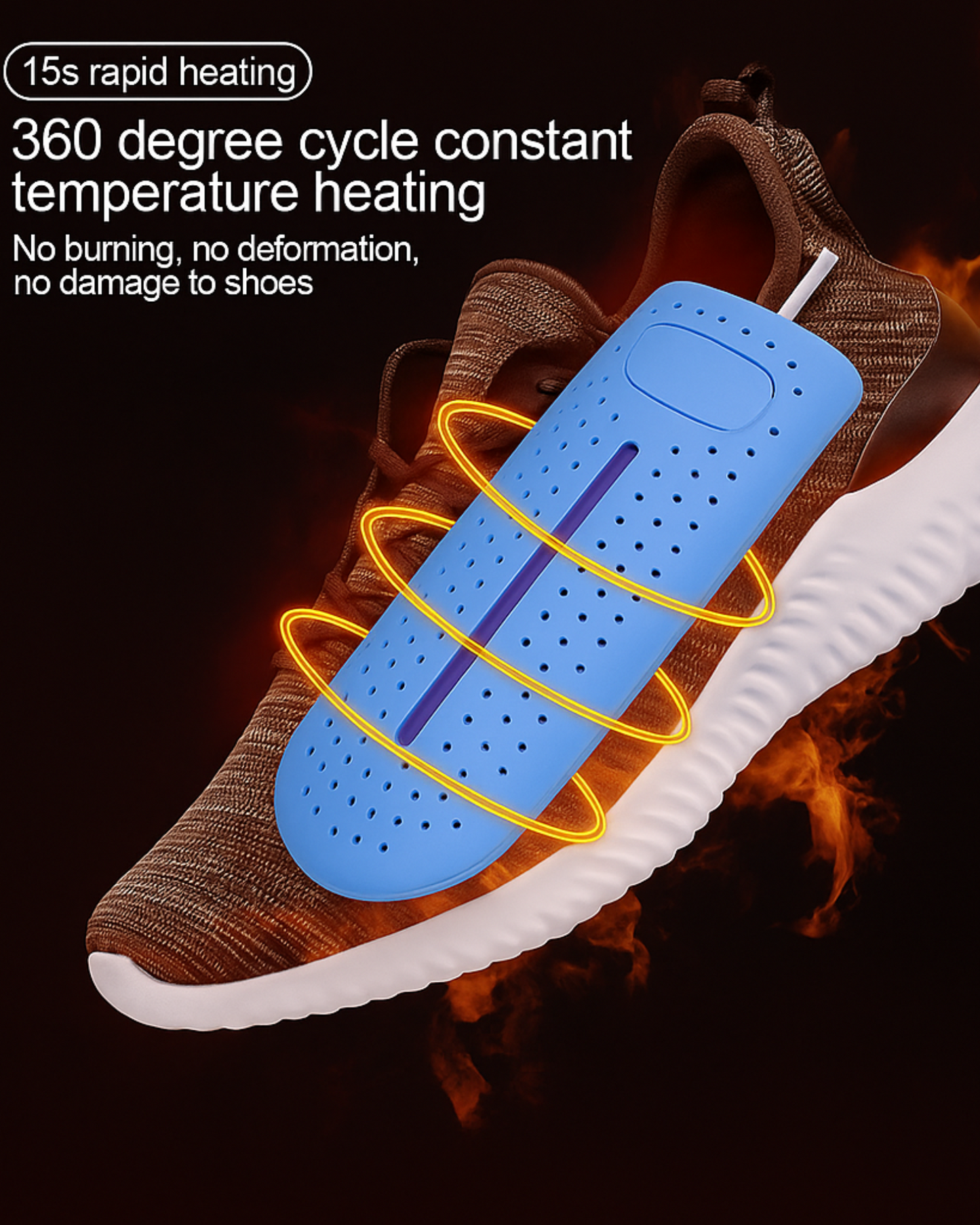 Blue shoe dryer with text on rapid heating and temperature control, placed on a brown sneaker.