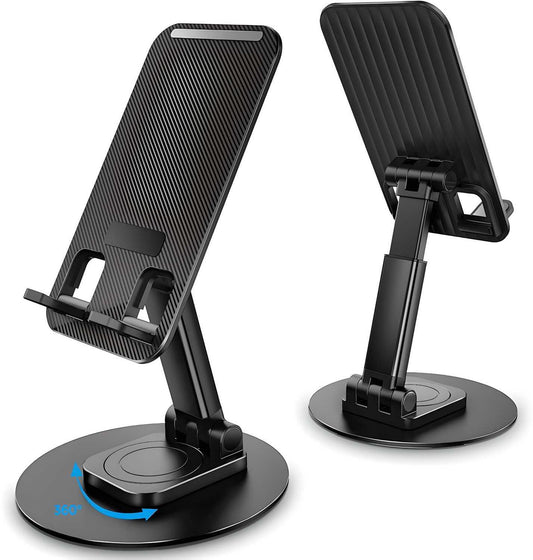 Two black adjustable phone stands on a white background