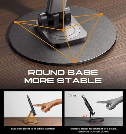 Round base design of a device with text highlighting stability and support points.