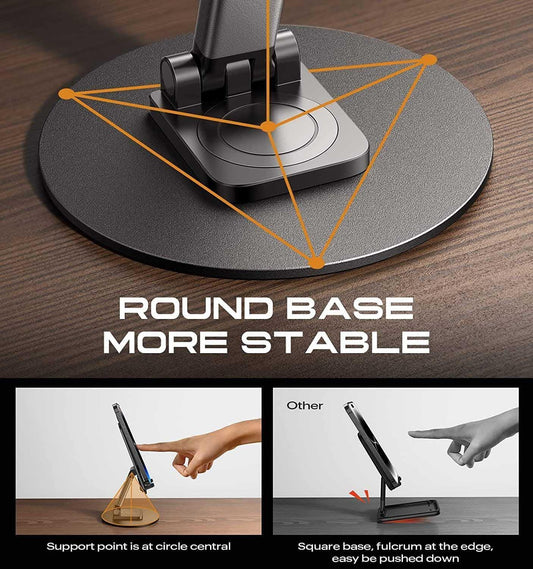 Round base design of a device with text highlighting stability and support points.
