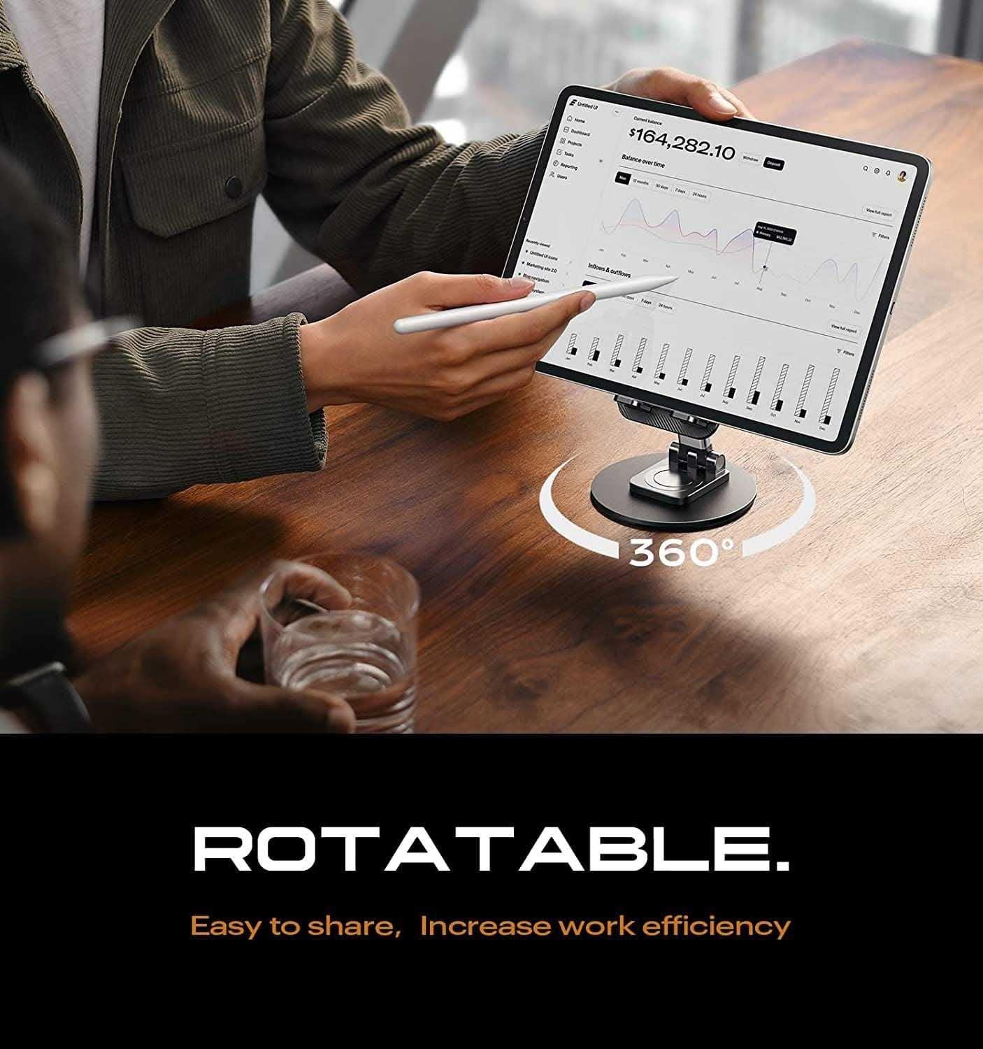 Person using a tablet with a rotating stand on a wooden table, with text highlighting its features.