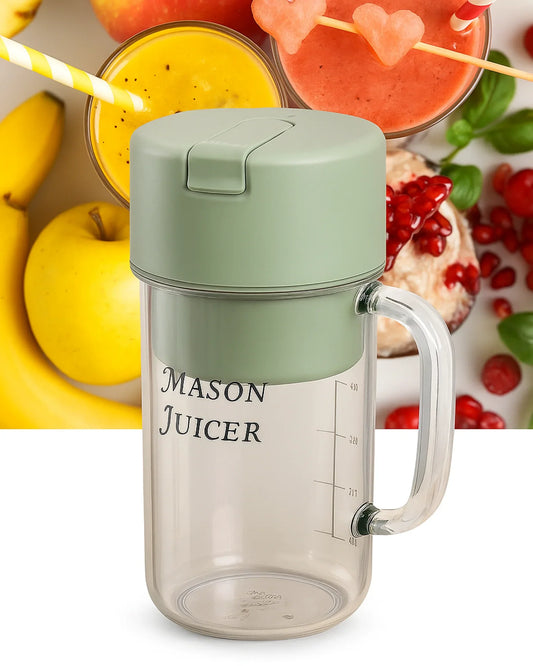 Mason Juicer with green lid and handle, surrounded by fruits and a smoothie.