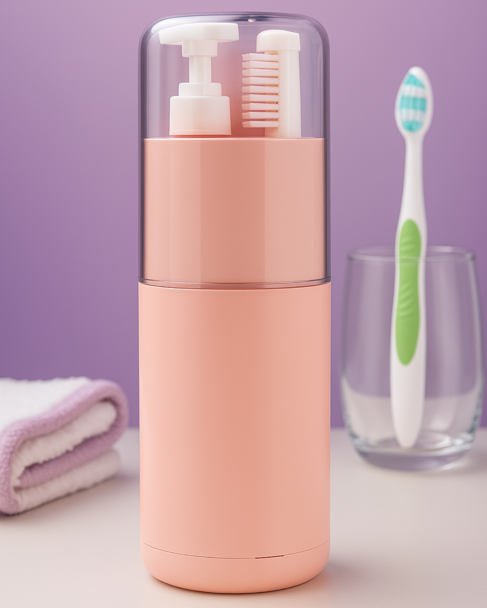 Pink travel-sized toiletry set with toothbrush and glass on a purple background