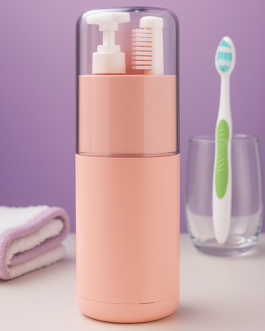 Pink travel-sized toiletry set with toothbrush and glass on a purple background