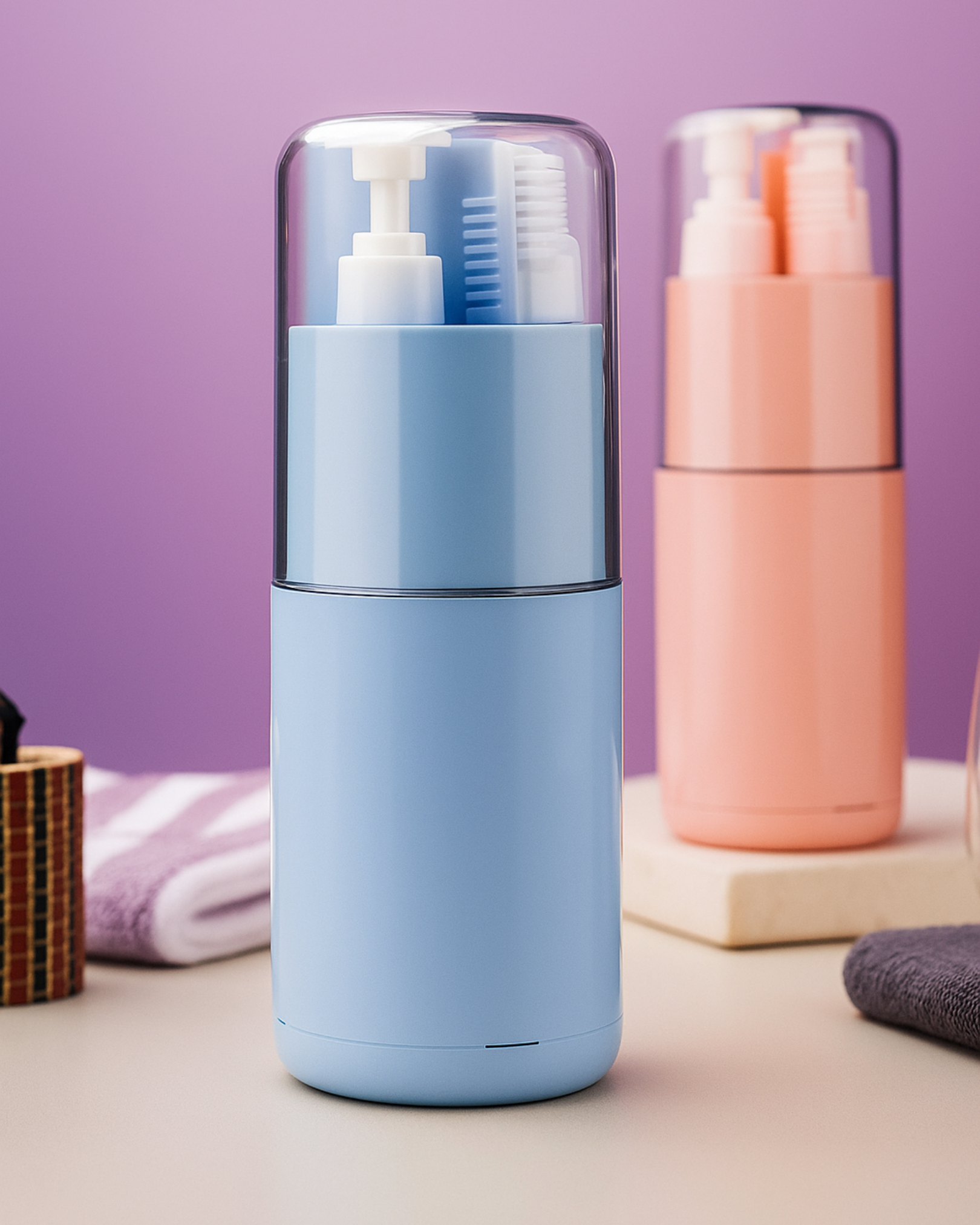 Blue skincare bottle with pump on a light purple background