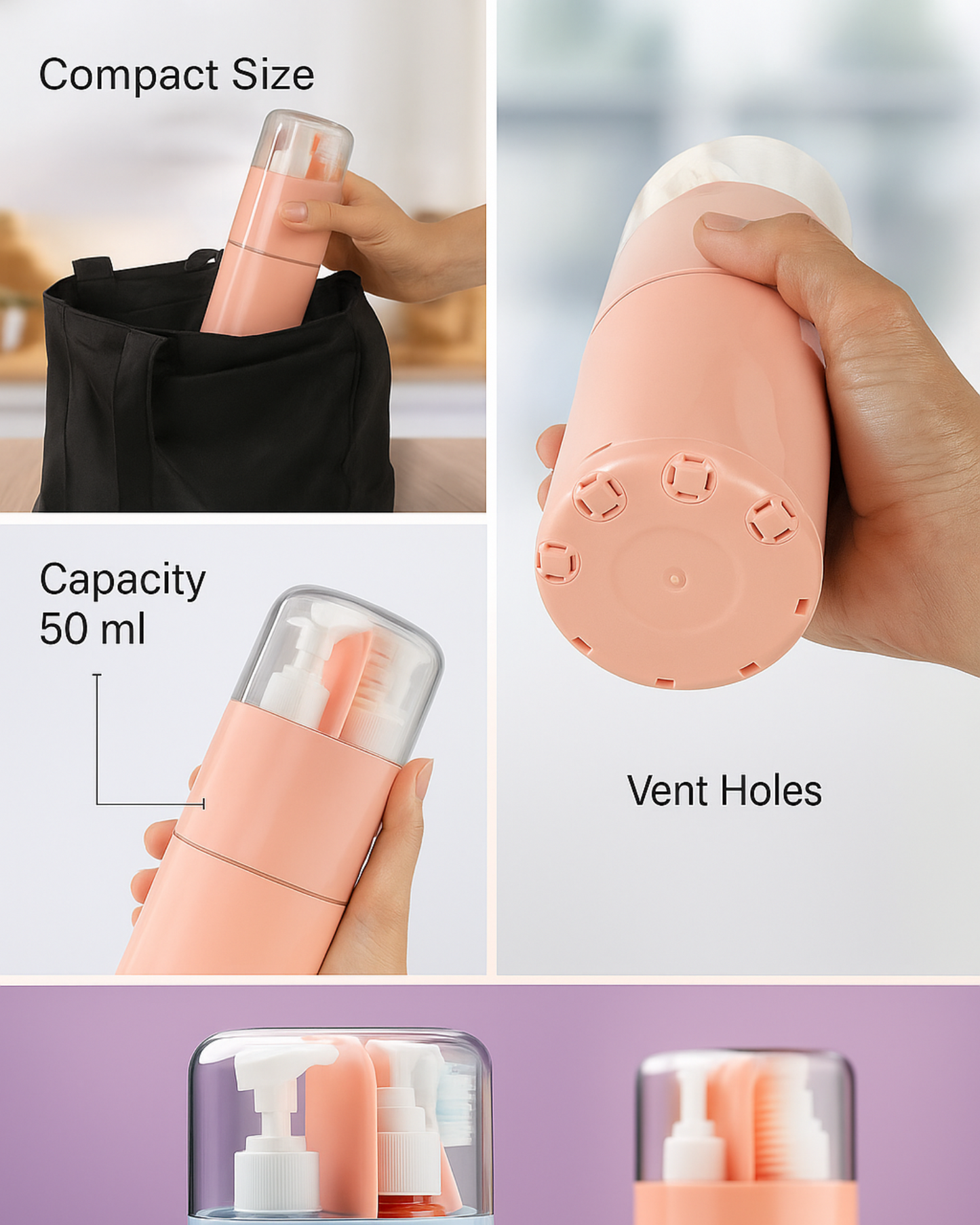 Compact skincare product with vent holes and capacity details shown in close-up images.