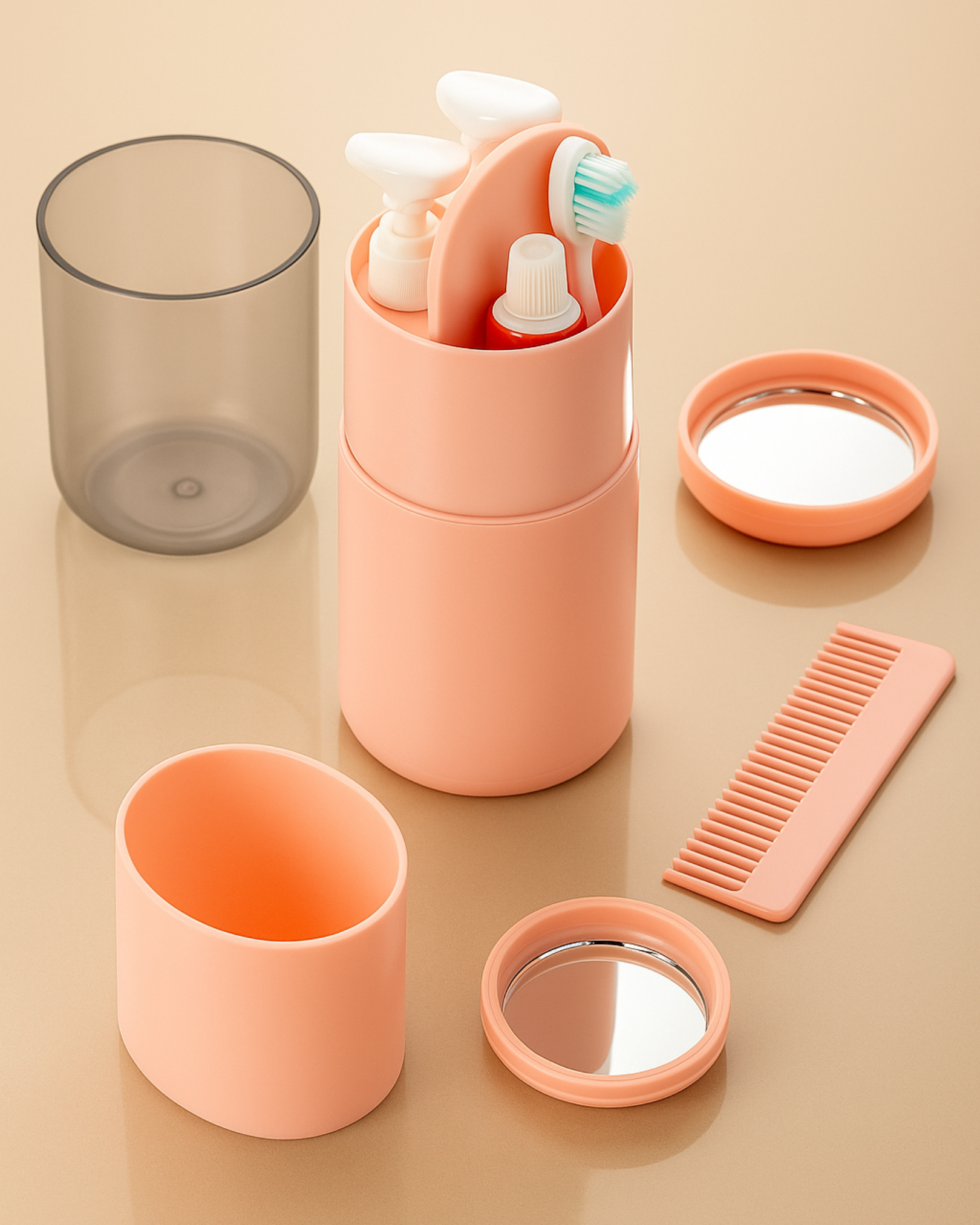 Set of pink dental hygiene products including a glass, cups, toothbrush, and comb on a beige background.