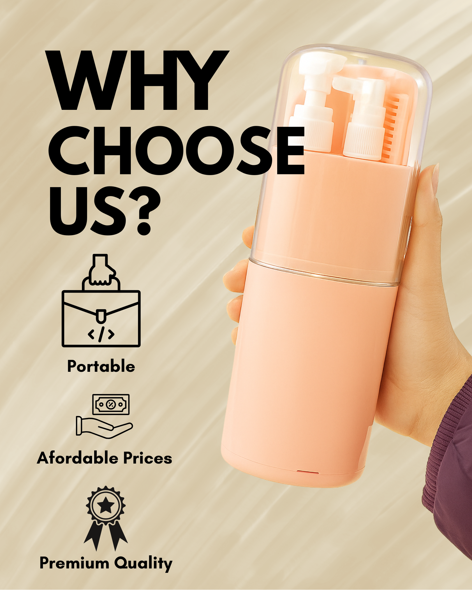Portable device held by a hand with promotional text on a beige background