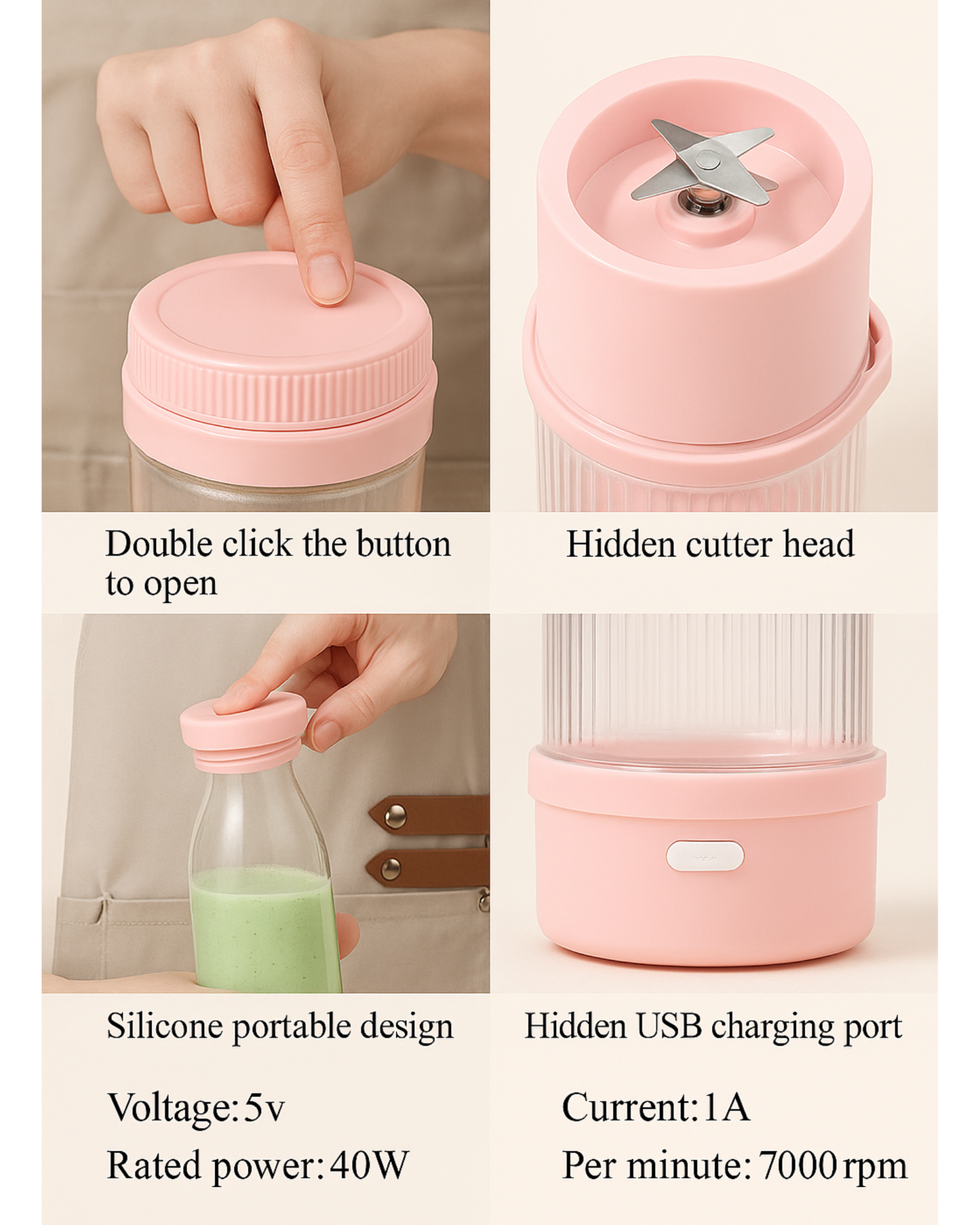 Portable Mini Juicer Bottle – USB Rechargeable Blender for Smoothies, Shakes & Fresh Juice (420ml, 4-Blade Design)