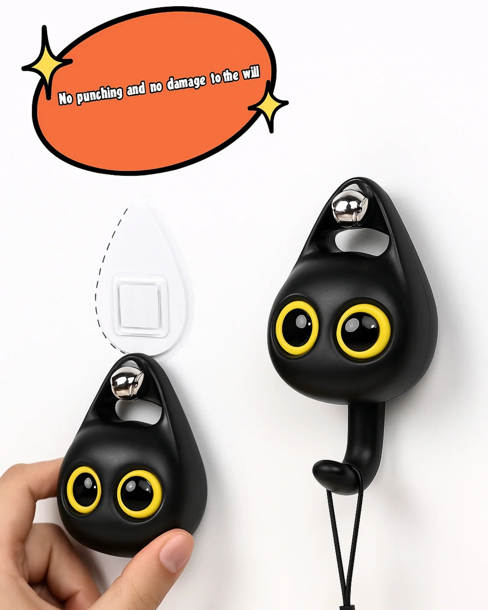 Black and yellow dog training device held by a hand with an orange speech bubble above it.