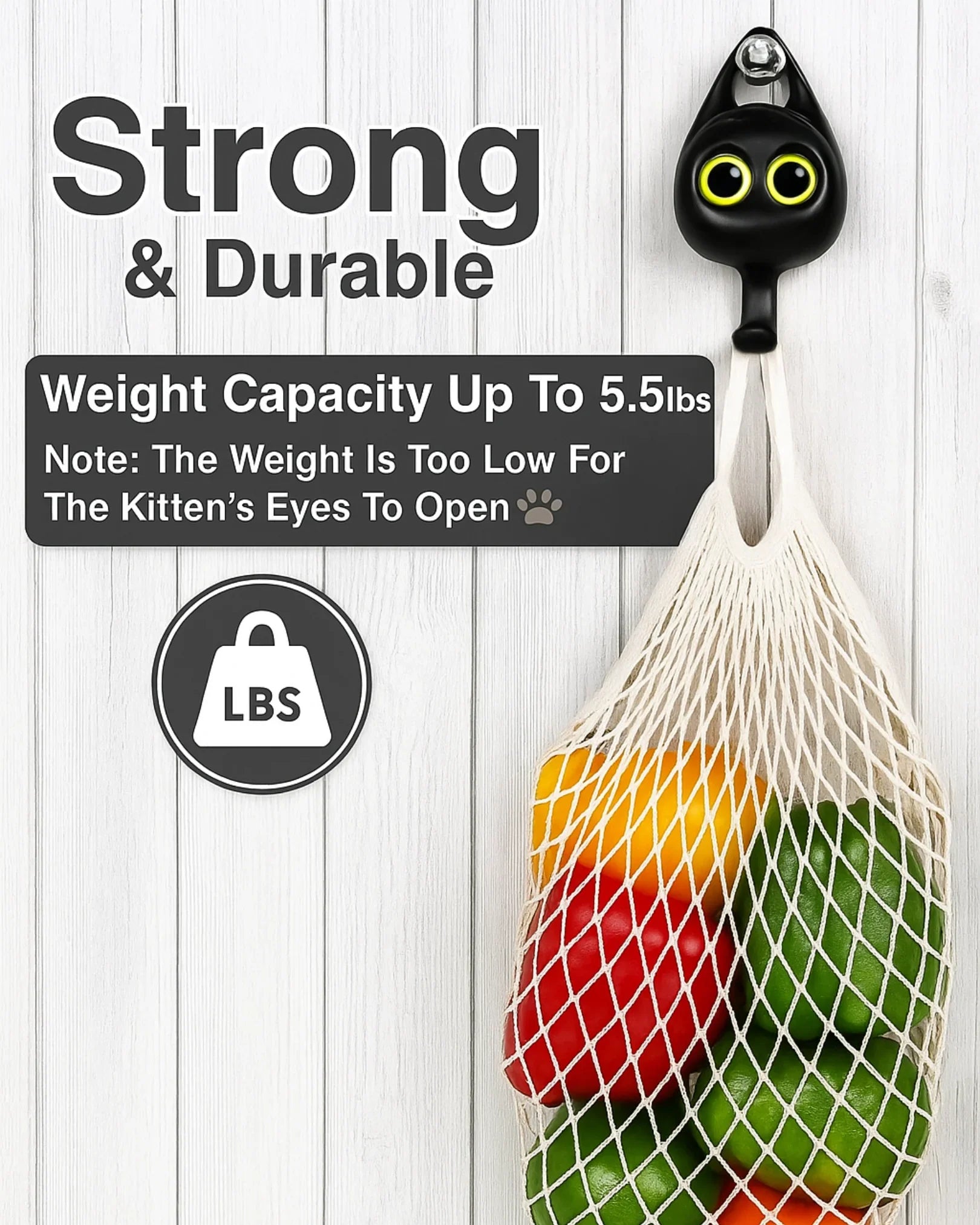 Cat toy with a net bag filled with colorful toys on a wooden background