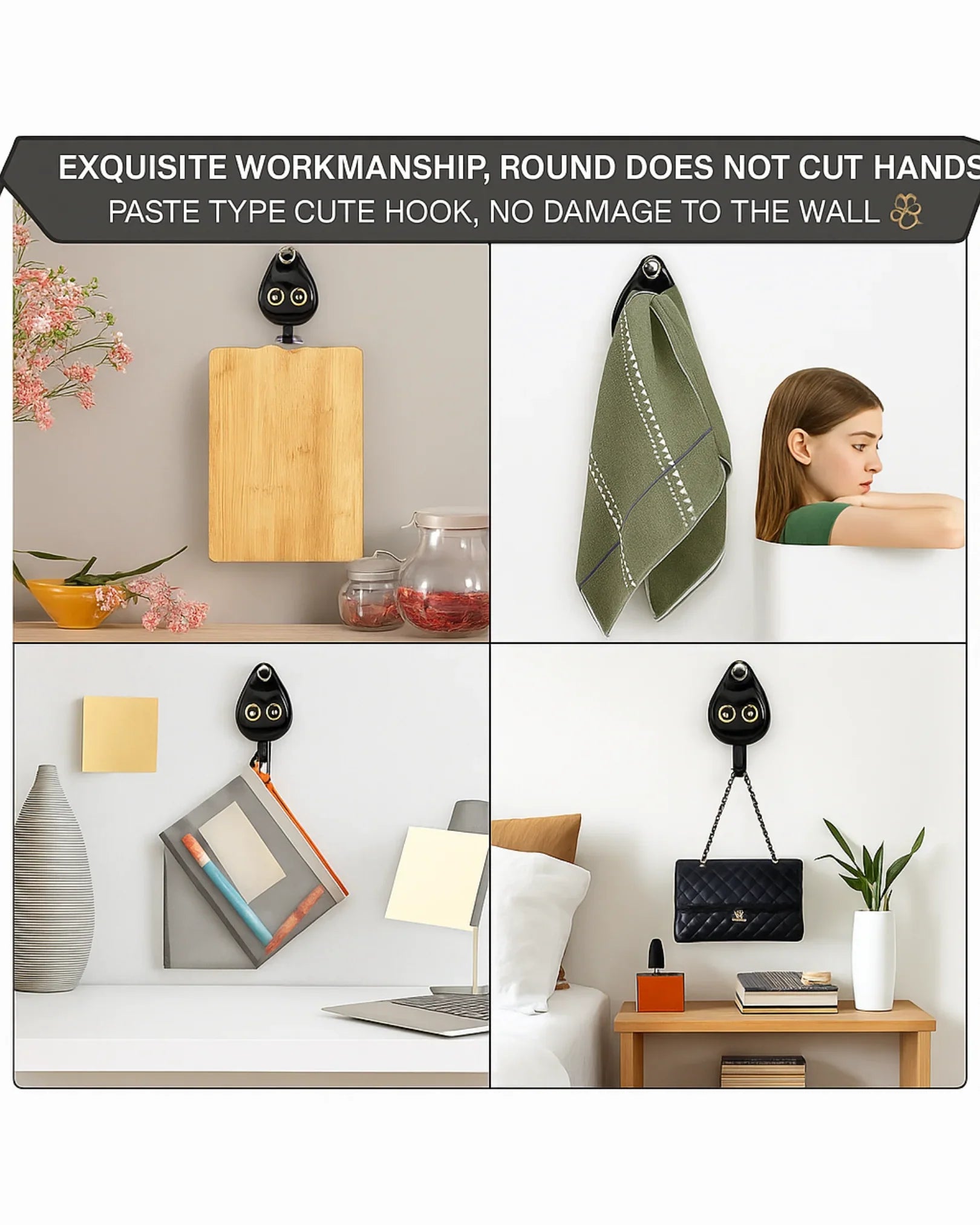 Cute hook used for hanging various items in a home setting with text about its workmanship.