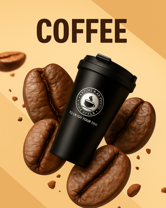 A black stainless steel coffee mug with a logo on the front, displayed alongside coffee beans and the word 'COFFEE' in bold letters.