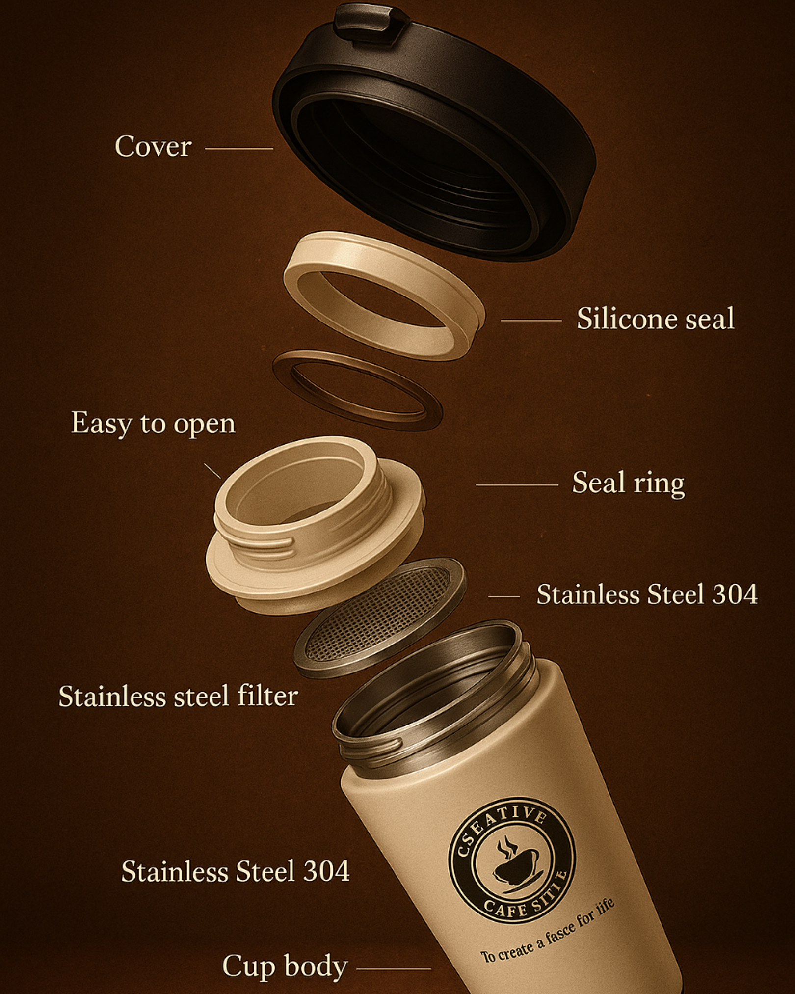 Stainless steel coffee filter with labeled parts on a brown background